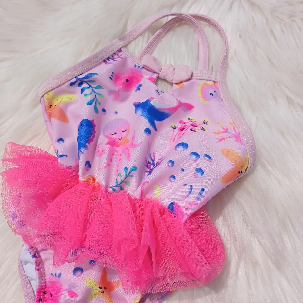 Girls size 12 months Swimsuit One Piece Pink Tulle Tutu Bathing Swim Suit Baby